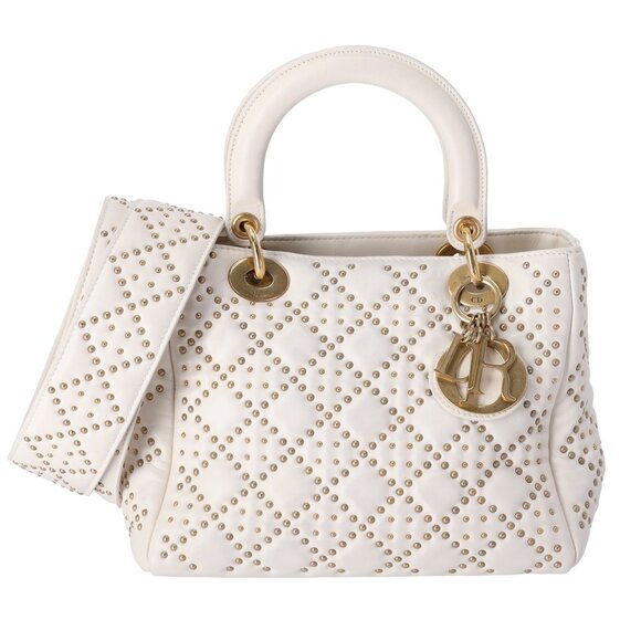 Christian Dior Lady Dior Medium Bag Handbag Cream Leather Studded - Picture 1 of 9